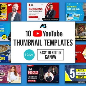 May include: A collage of 10 colourful YouTube thumbnail templates, each with a different design and text. The templates are easy to edit in Canva and feature a variety of topics, including business, travel, beauty, and more.