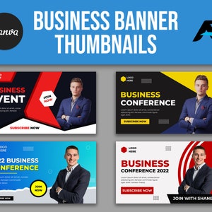 May include: Four business banner thumbnails with a black background and colourful accents. Each thumbnail features a man in a suit with his arms crossed. The text on the thumbnails includes "Business Event", "Business Conference", "2022 Business Conference", and "Business Conference 2022".