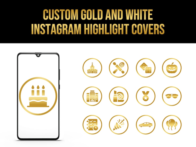 Custom Gold and White Instagram Highlight Covers, White and Gold Instagram Highlights, Social