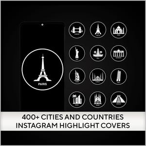 Instagram Highlight Deckt Länder und Städte ab, 400 Schwarz-Weiß-Reise-Illustrations-Icons