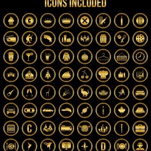 K&ouml;nnte beinhalten: Ein Satz von 64 goldenen Symbolen auf schwarzem Hintergrund. Die Symbole zeigen verschiedene Objekte und Symbole, darunter ein Cupcake, eine Krone, ein Kreuz, ein Cricket-Schl&auml;ger, eine Kaffeetasse, ein Martini-Glas, ein Weihnachtsbaum, eine Kochm&uuml;tze, eine Katze, ein Auto, ein Kalender, ein Buchstabe C, ein Handschlag, ein Bus, ein Hamburger, ein Pinsel, ein Diplom, eine Person, ein Buchstabe D, ein Teller und ein Headset.