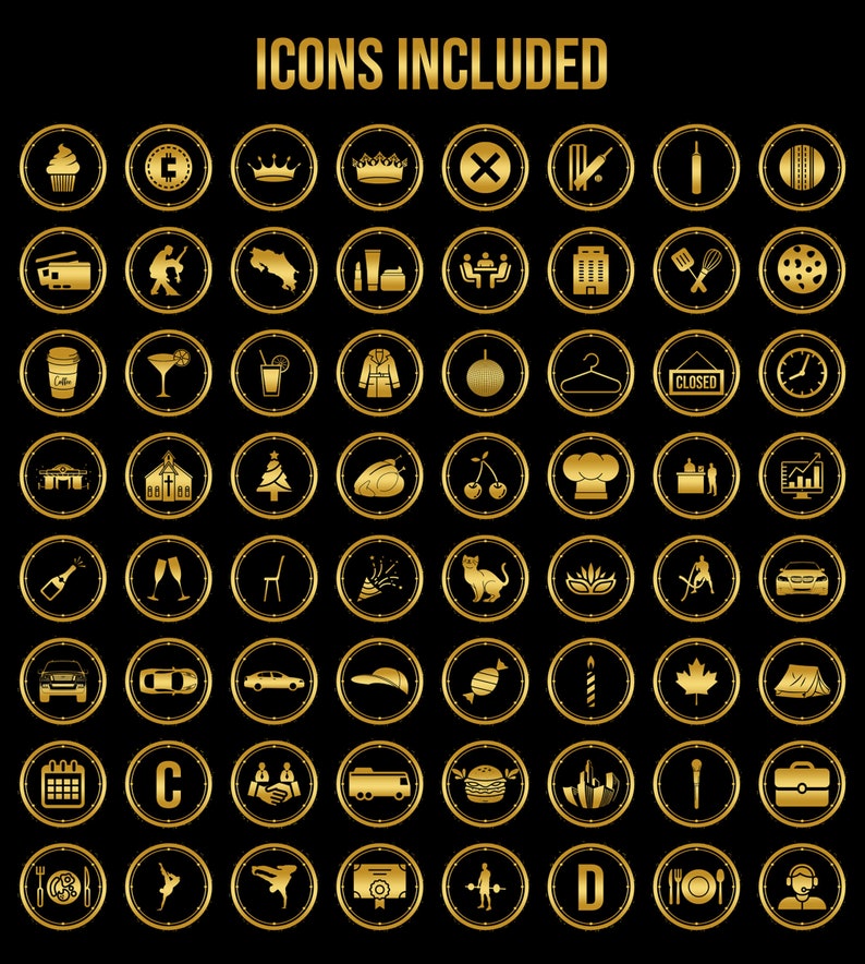 K&ouml;nnte beinhalten: Ein Satz von 64 goldenen Symbolen auf schwarzem Hintergrund. Die Symbole zeigen verschiedene Objekte und Symbole, darunter ein Cupcake, eine Krone, ein Kreuz, ein Cricket-Schl&auml;ger, eine Kaffeetasse, ein Martini-Glas, ein Weihnachtsbaum, eine Kochm&uuml;tze, eine Katze, ein Auto, ein Kalender, ein Buchstabe C, ein Handschlag, ein Bus, ein Hamburger, ein Pinsel, ein Diplom, eine Person, ein Buchstabe D, ein Teller und ein Headset.