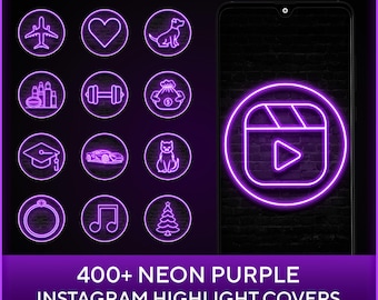 Portadas de Instagram destacadas en neón morado: más de 400 íconos (producto digital)