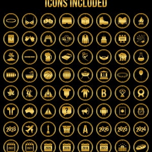 K&ouml;nnte beinhalten: Eine Sammlung von 50 goldenen Symbolen auf schwarzem Hintergrund. Die Symbole umfassen eine Vielzahl von Zeichen, wie ein Buch, ein Feuer, eine Geburtstagstorte, ein Basketball, ein Baby-Strampler, eine Troph&auml;e, ein Fragezeichen, ein Megaphon, ein Android-Roboter, eine Uhr, ein Flugzeug, ein Muskel, der Buchstabe A, das Jahr 2026, das Jahr 2025, das Jahr 2024, ein Kalender, ein Geb&auml;ude und ein Laib Brot.