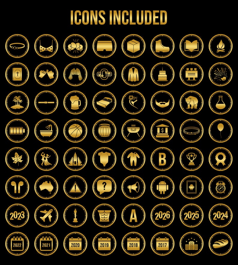 K&ouml;nnte beinhalten: Eine Sammlung von 50 goldenen Symbolen auf schwarzem Hintergrund. Die Symbole umfassen eine Vielzahl von Zeichen, wie ein Buch, ein Feuer, eine Geburtstagstorte, ein Basketball, ein Baby-Strampler, eine Troph&auml;e, ein Fragezeichen, ein Megaphon, ein Android-Roboter, eine Uhr, ein Flugzeug, ein Muskel, der Buchstabe A, das Jahr 2026, das Jahr 2025, das Jahr 2024, ein Kalender, ein Geb&auml;ude und ein Laib Brot.