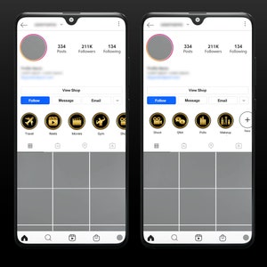 K&ouml;nnte beinhalten: Ein Screenshot eines Instagram-Profils mit 334 Beitr&auml;gen, 211.000 Followern und 134 Abonnenten. Das Profil hat ein gold-schwarzes Thema mit Symbolen f&uuml;r Reisen, Reels, Filme, Fitnessstudio, Shoot, QNA, Umfragen, Make-up und Neu. Das Profil hat auch einen "Shop ansehen"-Button und einen "Folgen"-Button.