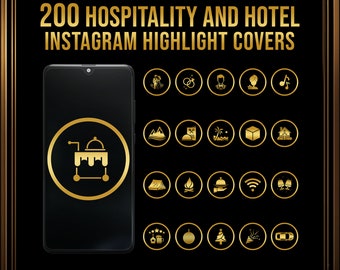 Portadas destacadas de Instagram para hoteles, iconos de hostelería en dorado y negro (descarga digital)