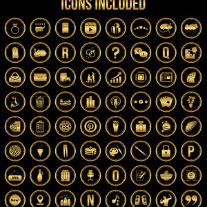 K&ouml;nnte beinhalten: Ein Satz von 50 goldenen Icons mit verschiedenen Designs, darunter ein Ring, ein Play-Button, ein Fragezeichen, ein Mikrofon, ein Pinsel, ein Schloss, eine Musiknote und eine Hantel. Die Icons sind in einem Raster auf schwarzem Hintergrund angeordnet.