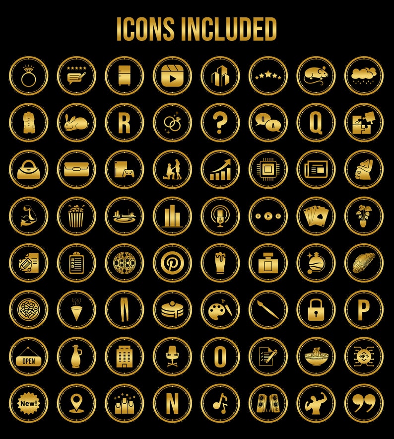 K&ouml;nnte beinhalten: Ein Satz von 50 goldenen Icons mit verschiedenen Designs, darunter ein Ring, ein Play-Button, ein Fragezeichen, ein Mikrofon, ein Pinsel, ein Schloss, eine Musiknote und eine Hantel. Die Icons sind in einem Raster auf schwarzem Hintergrund angeordnet.