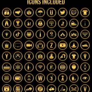 K&ouml;nnte beinhalten: Ein Satz von 50 goldenen Symbolen mit verschiedenen Designs, darunter Kleidung, soziale Medien und andere Symbole. Die Symbole sind in einem Raster auf einem schwarzen Hintergrund angeordnet. Der Text "ICONS INCLUDED" befindet sich oben im Bild.