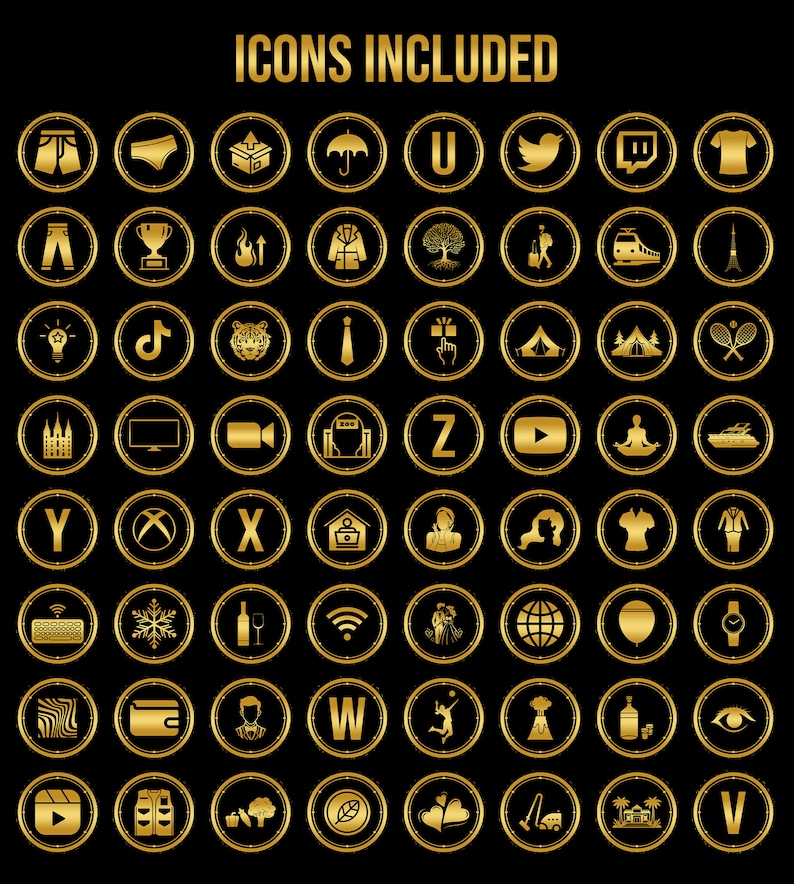 K&ouml;nnte beinhalten: Ein Satz von 50 goldenen Symbolen mit verschiedenen Designs, darunter Kleidung, soziale Medien und andere Symbole. Die Symbole sind in einem Raster auf einem schwarzen Hintergrund angeordnet. Der Text "ICONS INCLUDED" befindet sich oben im Bild.
