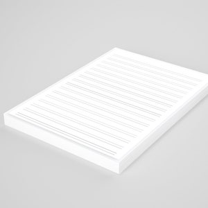 Puede incluir: Un bloc de notas blanco con líneas y una página en blanco. El bloc de notas está sobre una superficie gris claro.