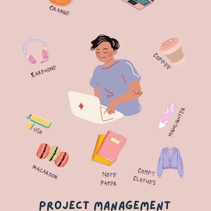May include: A colorful illustration of a person working on a laptop with a variety of items surrounding them, including a coffee cup, note paper, a highlighter, a USB drive, a pair of headphones, an orange, macaroons, and a sweater. The text "PROJECT MANAGEMENT ESSENTIALS: STUDY SURVIVAL KIT" is at the bottom of the image.