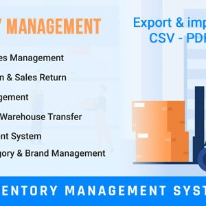 Könnte beinhalten: Eine Illustration eines Gabelstaplers, der Kisten in einem Lagerhaus bewegt. Der Text "INVENTORY MANAGEMENT" befindet sich oben im Bild. Der Text "Export & import CSV - PDF" befindet sich in einem blauen Kasten auf der rechten Seite des Bildes. Der Text "new version" befindet sich in einem blauen Kreis auf der rechten Seite des Bildes. Der Text "INVENTORY MANAGEMENT SYSTEM" befindet sich unten im Bild.