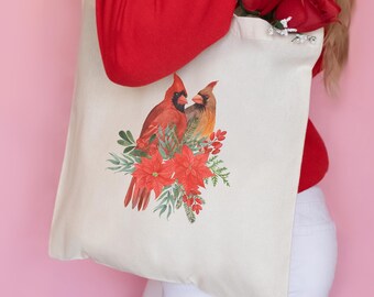 Christmas Cardinal Poinsettia Canvas Tote, Minimal Xmas Tote Bag, Cozy Winter, Woodsy Floral Bag, Christmas Gifts for MIL, Boyfriend's Mom