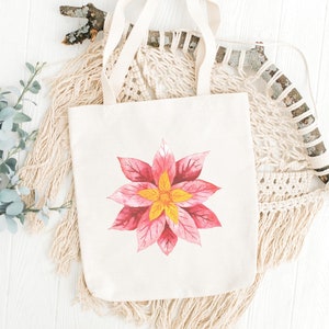 Christmas Poinsettia Canvas Tote, Minimal Xmas Tote Bag, Cozy Winter, Woodsy Floral Bag, Christmas Gifts for MIL, Boyfriend&#39;s Mom, Bulk Gift