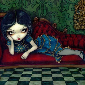 Jasmine Becket-Griffith Art Print: Gothic Big Eye Girl on Scarlet Sofa