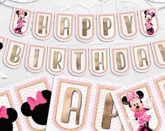 Minnie Birthday Banner, Printable celebration flags, DIY pink Minnie flags, Minnie Birthday Decor, Minnie bowtique, Instant Download Banner.