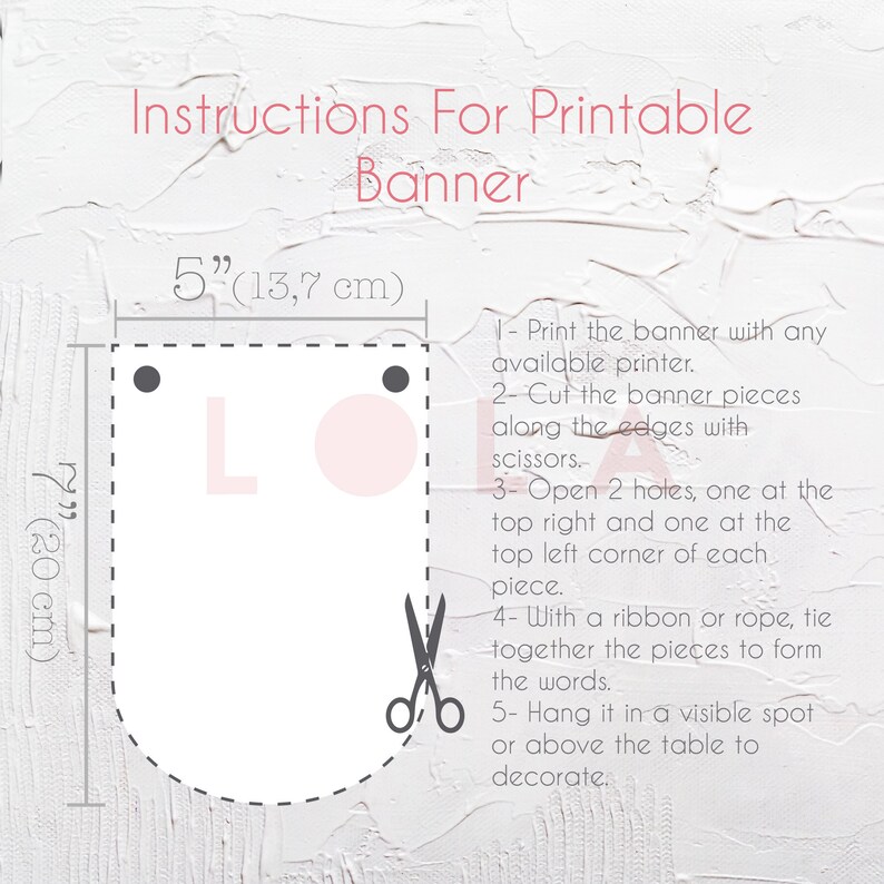 Puede incluir: Instrucciones para una pancarta imprimible con un diagrama que muestra c&oacute;mo cortar, perforar agujeros y ensamblar las piezas de la pancarta. La pancarta tiene 13,7 cm de ancho y 20 cm de alto.