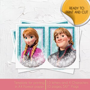 Puede incluir: Plantilla imprimible con los personajes Anna y Kristoff de la pel&iacute;cula Frozen. La plantilla incluye 10 p&aacute;ginas de banderas de 5x7 pulgadas, con 13 letras y 4 personajes por p&aacute;gina. La plantilla est&aacute; lista para imprimir y cortar.
