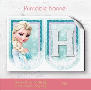 Puede incluir: Banner imprimible con un personaje de la pel&iacute;cula Frozen. El banner tiene un fondo azul y morado con copos de nieve y purpurina. El personaje es una joven con el pelo largo rubio y un vestido azul. El banner tambi&eacute;n incluye la letra H en purpurina blanca.