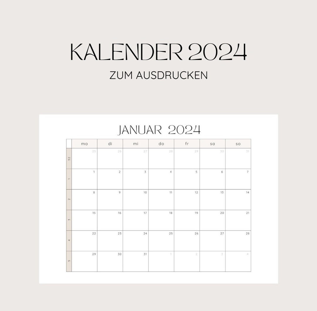 Monatlicher Kalender 2024 zum Ausdrucken 12 Seiten A4 Download 