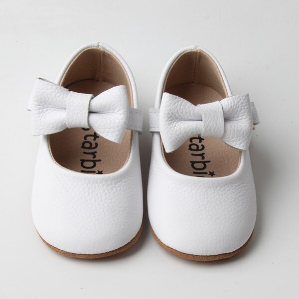 White Mary Jane Baby Shoes for Baby Girls- Marry Jane Style Shoes with Bow Soft Sole Infant Toddler Shoes