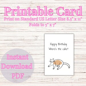 Funny Cat Birthday Card, Printable Birthday Card, Cute Cat Lover Gift, Digital Download, Instant Download, PDF File, Fold to 5" x 7"