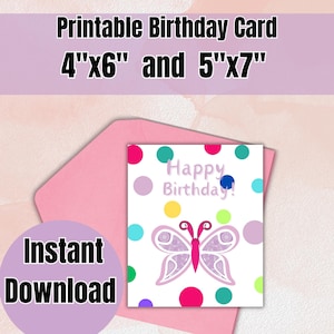 Carte d'anniversaire papillon mignonne et colorée imprimable, téléchargement immédiat, carte d'anniversaire papillon fantaisiste pour enfants et adultes.