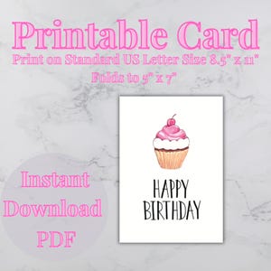 Cartão de aniversário para impressão de bolo fofo, presente de aniversário estético para download instantâneo, digital