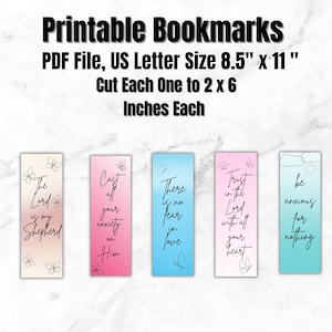 Puede incluir: Marcapáginas imprimibles con citas inspiradoras. Los marcapáginas son rectangulares, con un fondo degradado e ilustraciones de mariposas. Cada marcapáginas mide 5,08 cm x 15,24 cm. El texto incluye frases como "Confía en el Señor con todo tu corazón" y "No te preocupes por nada".