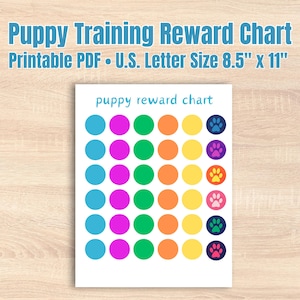 Puede incluir: Gráfico de recompensas para cachorros imprimible con círculos de colores y huellas de patas. El gráfico está diseñado para ser utilizado con papel de tamaño carta de EE. UU., que mide 21,6 cm por 27,9 cm.