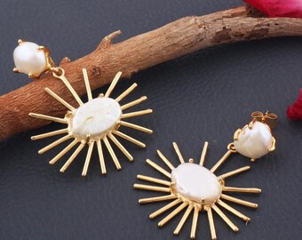 Freshwater Pearl Sunburst Stud Earrings, Gold Plated Designer Earrings, Sunburst Fashion Jewelry, Handmade Earring For Women