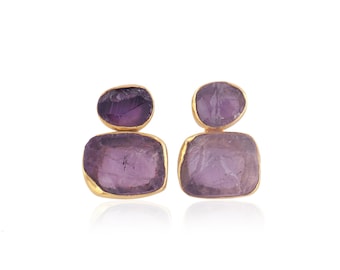 Amethyst & Rose Quartz Stud Earrings: Gold Plated Brass, Handmade
