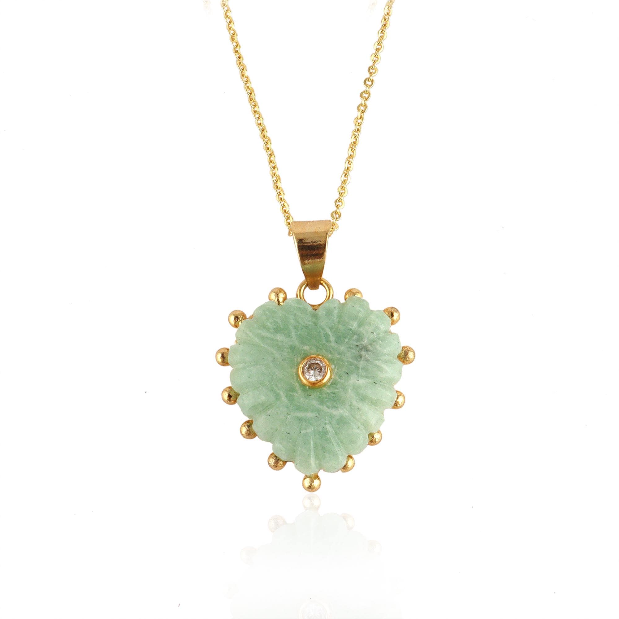 Natural Amazonite Carved Pendant Necklace, Carved Gemstone Necklace Gold Plated Tiny CZ Necklace, Minimalist Heart Necklace, Gift For Women