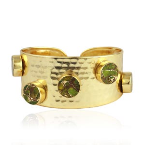 Gorgeous Gold Tone Cuff Bracelet, Peridot Copper Turquoise Five Stone Cuff Bracelet, Statement Cuff Bracelet, Hammered Bracelet For Women