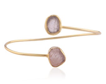 Natural Rough Bracelet Rose Quartz Front Open Cuff Bracelet, Gold Plated Handmade Bracelet, Rough Gemstone Adjustable Friendship Gift Bangle