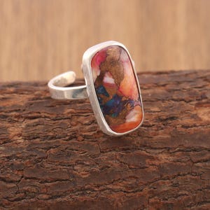 Solid 925 Sterling Silver Oyster Copper Turquoise Ring For Men Women, Handmade Long Rectangle Bar Ring, Silver Adjustable Ring, Gift For Him