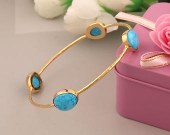 Turquoise Collet Set Bracelet, Gold Plated Bangle Bracelet, Handmade Jewelry, Statement Bangle, Boho Style Bracelet, Valentines Day Gift