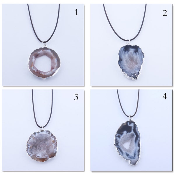 Pendentif tranche d'agate, collier en cuir, pendentif druzy géode en argent, pendentif de collier géode unique pour elle et lui