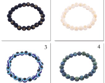 Black & White Om Beads Bracelet, Evil Eye Bracelet, Round Gemstone Bracelet, Healing Crystal Bracelet, Stretchy Beads Bracelet