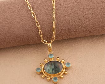 Genuine Labradorite Sun Pendant, Beautiful Labradorite With Aqua Chalcedony Necklace, Sunbrust Paper Clip Chain Necklace, Gift For Her