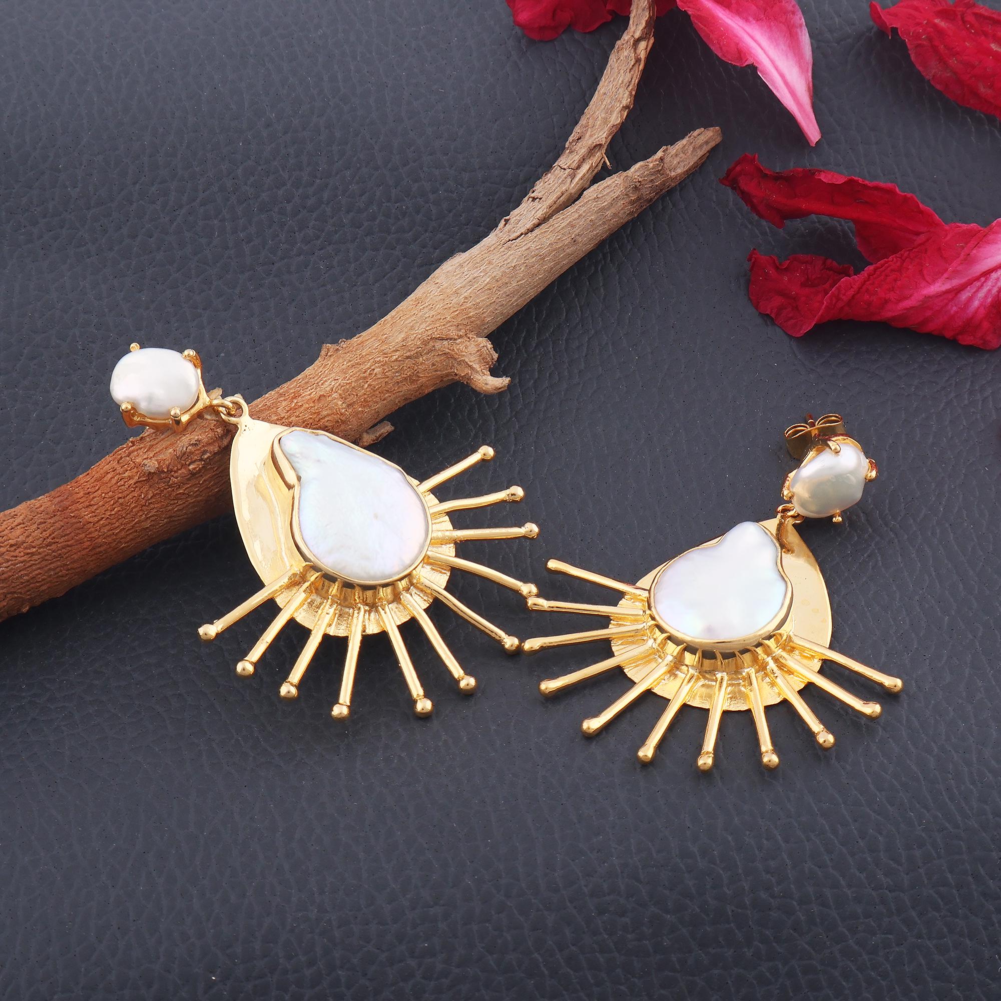 Natural Freshwater Pearl Stud Dangle Earring, Bezel Set Gold Plated Brass Earring, Stud Drop Earrings, Handmade Jewelry For Wedding Earrings