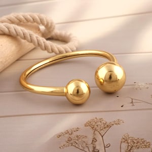 Double Ball Bracelet, Ball End Bangle, 18k Gold Filled Open Cuff Bangle, Adjustable Bracelet, Gold Bangle Bracelet Screw Ball Cuff Bangle