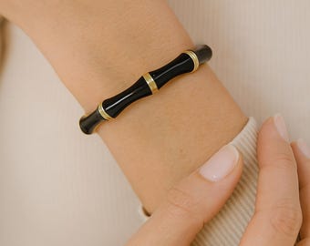 Vintage Black Bamboo Enamel Bangle: Gold Plated Boho Brass Bracelet