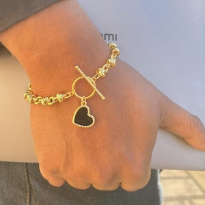 Black Enamel Charm Heart Shape Bracelet, Enamel Toggle Bracelet, Unique Textured Cable Link Chain Bracelet, Gothic Heart Charm