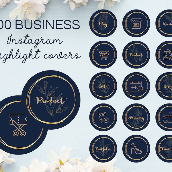 100 Business Highlight Cover, Dunkelblau-Gold, Instagram Story Cover, bearbeitbares Canva, Highlight Story Templates, Stylist