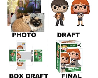 Made-to-Order: CUSTOM POP style figures+ boxes. Pets, Wedding, Graduations and more! Personalized Pop Vinyl figure with clay accessories.