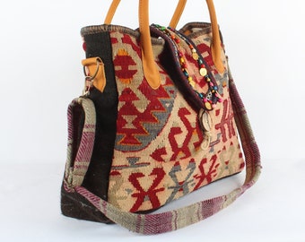 Handmade Turkish Carpet Pattern Women Handbags Shoulder Bags Extra Large Kilim Design New Look Travel Shopping UK Girls Gift