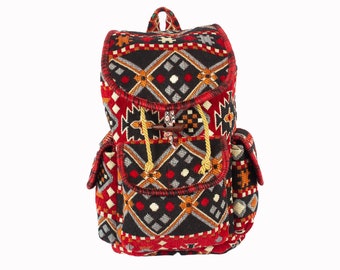 Hippie Backpack Ethnic Backpack Boho Backpack Turkish Anatolian Red Vintage Kilim Rug Shoulder Backpack for Woman Authentic Backpack